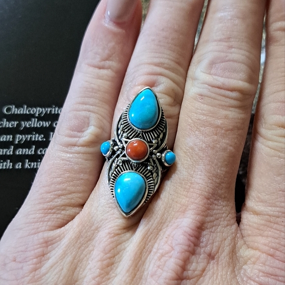 Jewelry - Natural Blue Ridge Turquoise, Coral & Sleeping Beauty Ring In Sterling Silver.